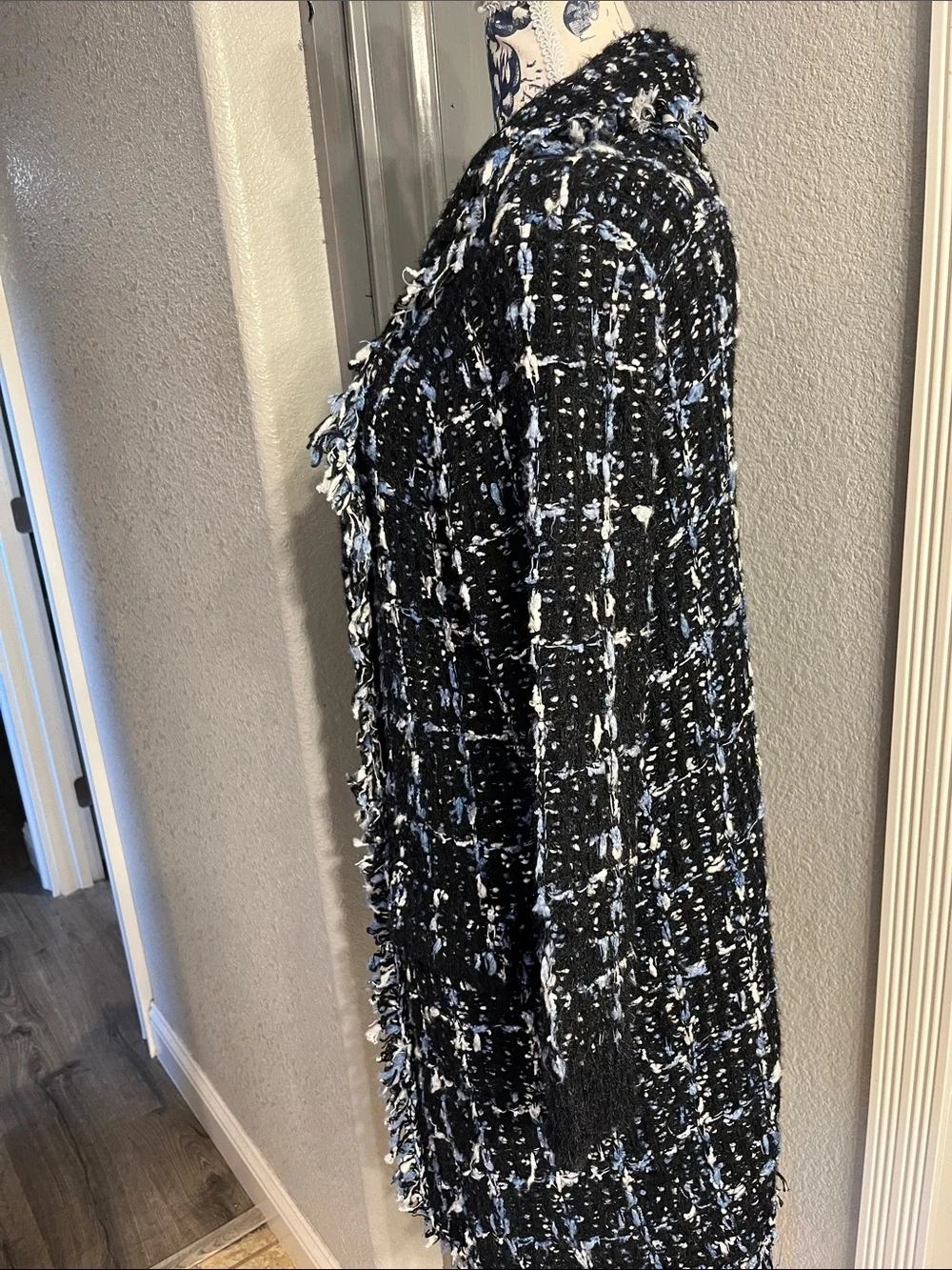 Dolce Cabo Black with Blue and White Fringed Open-Front Cardigan